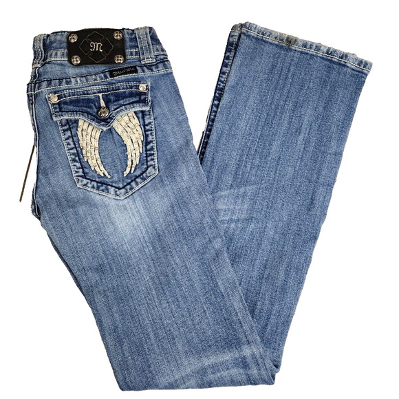 Miss Me Jeans Women’s Sz 28 JP5082 Boot Cut ANGEL Pocket Rhinestone Inseam 32" - Picture 1 of 6